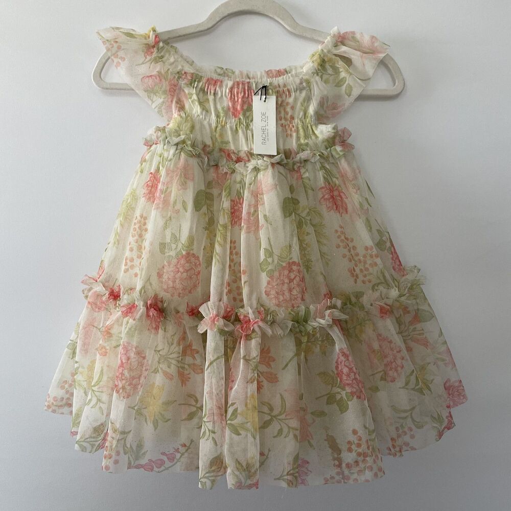 NWT Rachel Zoe Girls Tiered Floral Off Shoulder Dress Cream Pink Size 4T